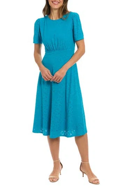 London Times Puff Sleeve Eyelet Midi Dress In Blue
