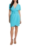 London Times Puff Sleeve Faux Wrap Dress In Blue Atoll