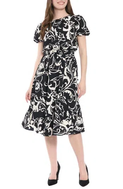 London Times Puff Sleeve Midi Dress In Multi