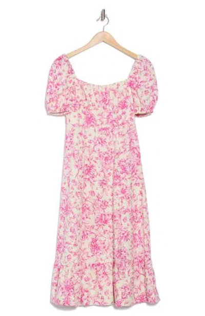 London Times Puff Sleeve Midi Dress In Ivory Pink