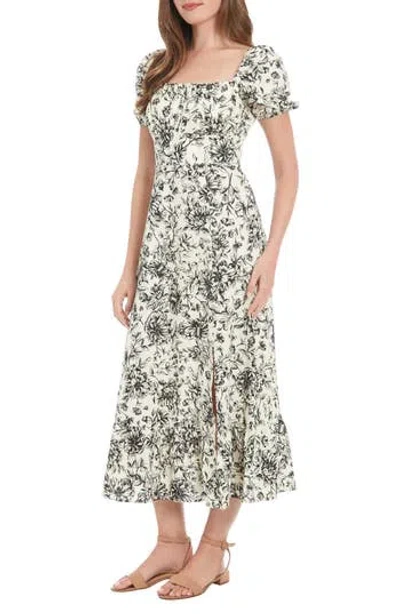 London Times Puff Sleeve Midi Dress In Ivory/black
