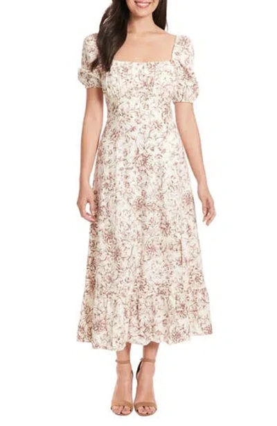 London Times Puff Sleeve Midi Dress In Ivory/brwn