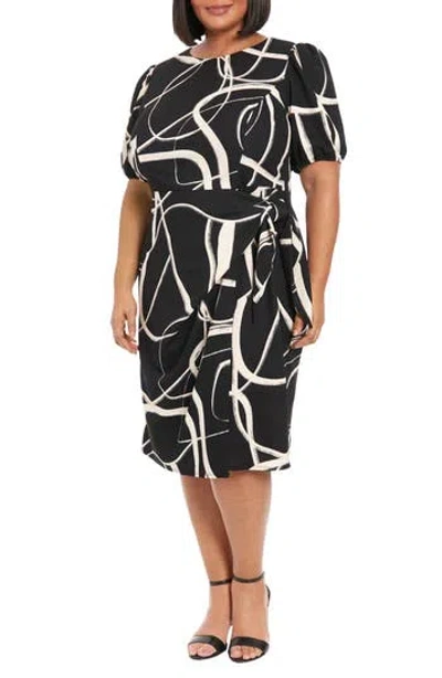 London Times Puff Sleeve Tie Waist Midi Dress In Multi