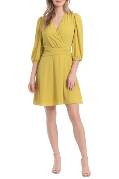London Times Quarter Sleeve Ruched Waist Short Dress In Cress Green In Yellow