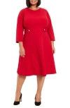 London Times Plus Size 3/4-sleeve Tab-waist Fit & Flare Dress In Red