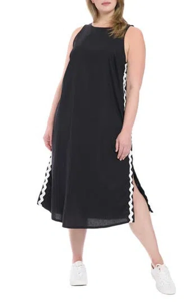 London Times Rickrack Trim Sleeveless Cotton Blend Midi Dress In Black