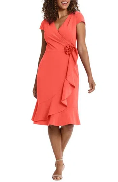 London Times Rosette Ruffle Cap Sleeve A-line Dress In Orange