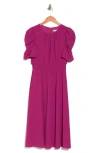 London Times Ruched Bubble Sleeve Midi Dress In Fuschia