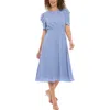 London Times Ruched Bubble Sleeve Midi Dress In Light Blue