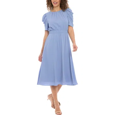 London Times Ruched Bubble Sleeve Midi Dress In Light Blue