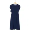 London Times Ruched Bubble Sleeve Midi Dress In Navy
