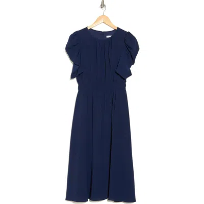 London Times Ruched Bubble Sleeve Midi Dress In Navy