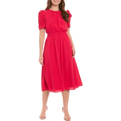 London Times Ruched Bubble Sleeve Midi Dress In Red