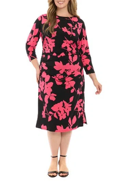 London Times Ruched Long Sleeve Midi Dress In Black/berry