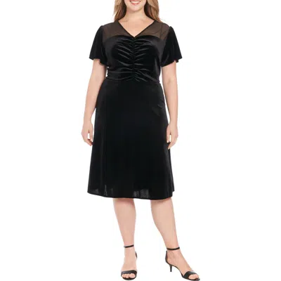 London Times Ruched Sheer Shoulder Midi Dress In Black