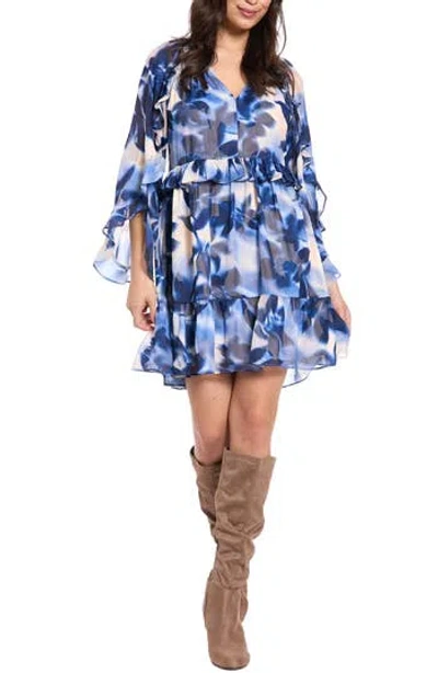 London Times Ruffle Bell Sleeve Chiffon Minidress In Blue