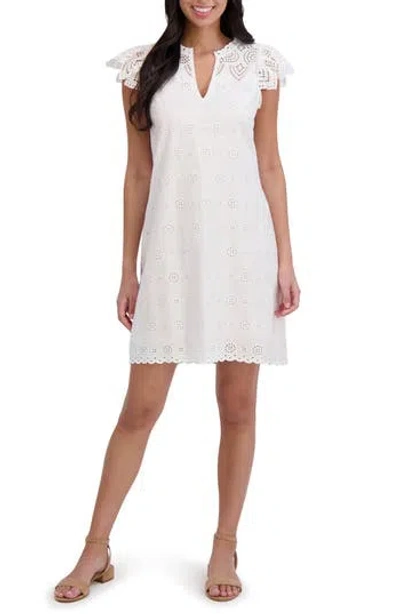 London Times Ruffle Cap Sleeve Embroidered Eyelet Cotton Shift Dress In White