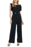 London Times Ruffle Cap Sleeve Mixed Media Jumpsuit In Black