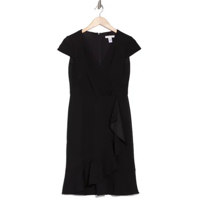 London Times Ruffle Cap Sleeve Scuba Dress In Black