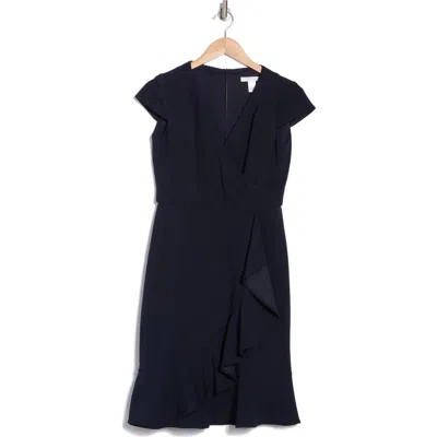 London Times Ruffle Cap Sleeve Scuba Dress In Navy