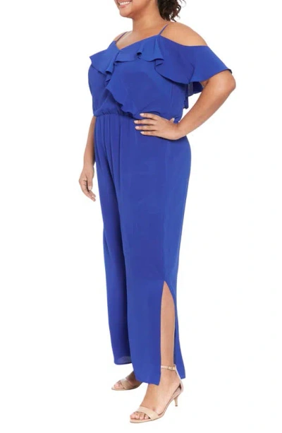 London Times Ruffle Cold Shoulder Jumpsuit In Blue