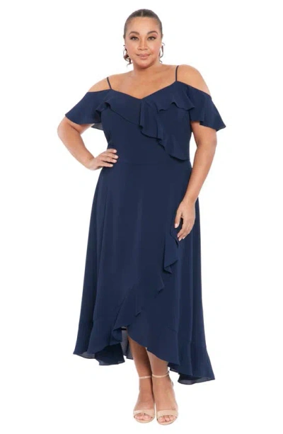 London Times Ruffle Cold Shoulder Maxi Dress In Navy
