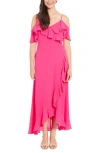 London Times Ruffle Cold Shoulder Maxi Dress In Pink