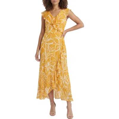 London Times Ruffle Faux Wrap Maxi Dress In Yellow