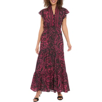 London Times Ruffle Flutter Sleeve Tiered Maxi Dress In Multi