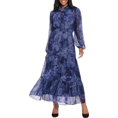 London Times Ruffle Long Sleeve Shirtdress In Blue