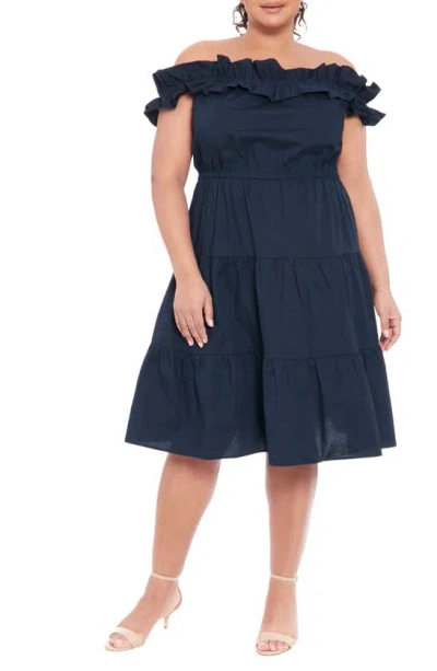 London Times Ruffle Off The Shoulder Tier Dress In Blue