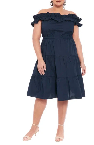 London Times Ruffle Off The Shoulder Tier Dress In Navy