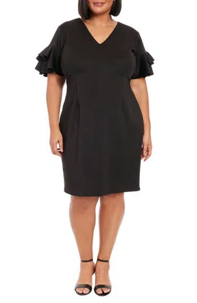 London Times Ruffle Sleeve Scuba Sheath Dress In Black