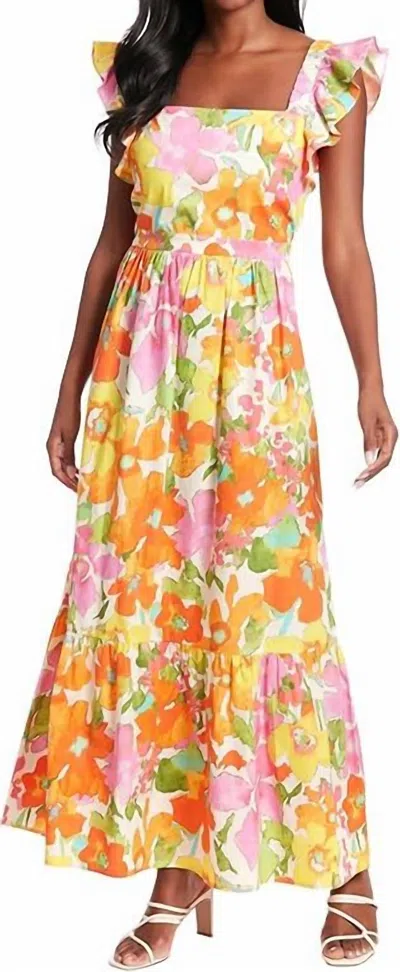 London Times Ruffle Sleeve Square Neck Maxi Dress In Ivory/pink In Multi