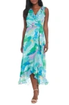 London Times Ruffle Sleeveless Faux Wrap Chiffon Maxi Dress In Aqua