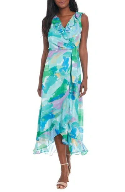 London Times Ruffle Sleeveless Faux Wrap Chiffon Maxi Dress In Aqua