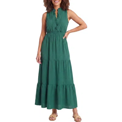 London Times Ruffle Sleeveless Smocked Waist Tiered Maxi Dress In Green
