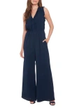 London Times Ruffle Wide Leg Jumpsuit In Navy
