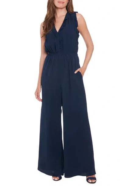 London Times Ruffle Wide Leg Jumpsuit In Navy