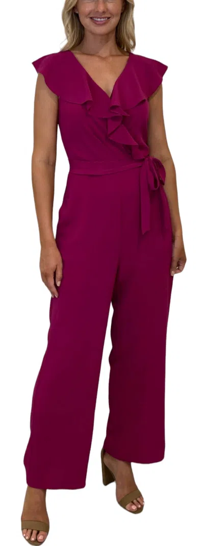 London Times Ruffle Wrap Jumpsuit With Sash In Fuschia In Pink