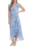 London Times Ruffle Wrap Maxi Dress In Blue/white