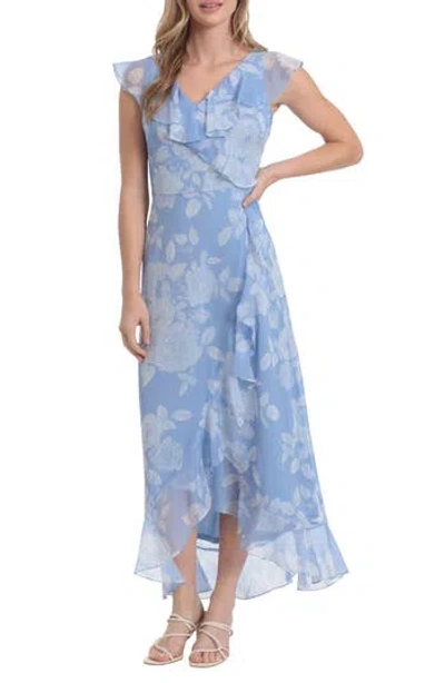 London Times Ruffle Wrap Maxi Dress In Blue/white