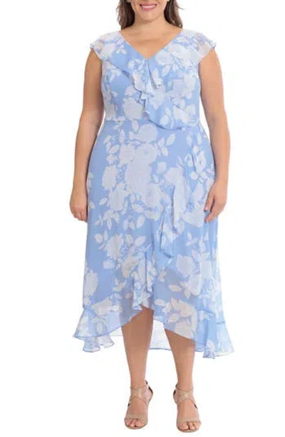 London Times Ruffle Wrap Maxi Dress In Blue/white