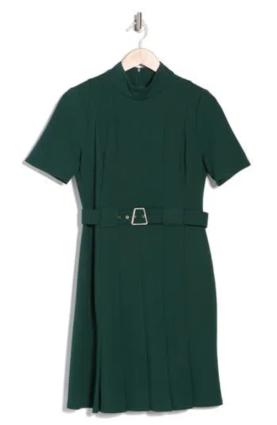 London Times Mock Neck Short Sleeve Belted Pleated Scuba Dress In Pine