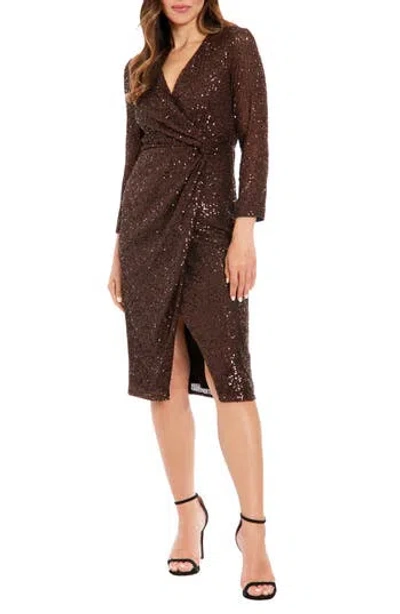 London Times Petite Sequin Faux-wrap Long-sleeve Dress In Brown
