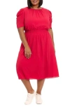 London Times Shirred Crewneck Midi Dress