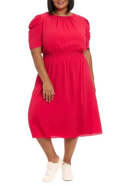 London Times Shirred Crewneck Midi Dress