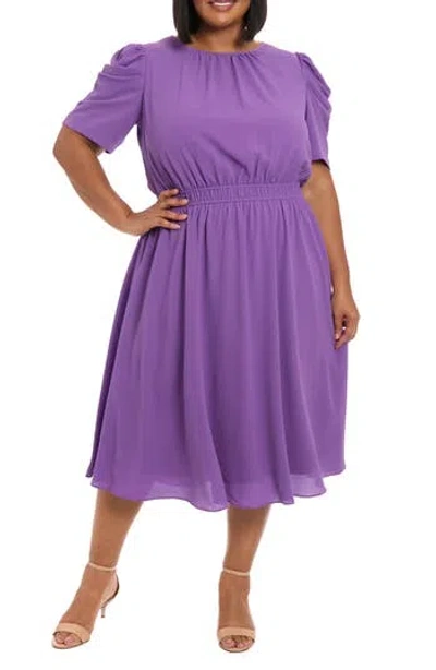 London Times Shirred Crewneck Midi Dress