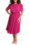 London Times Shirred Crewneck Midi Dress In Fuschia