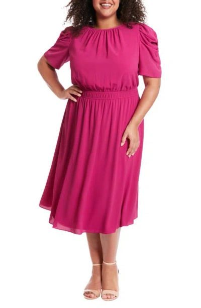 London Times Shirred Crewneck Midi Dress In Fuschia